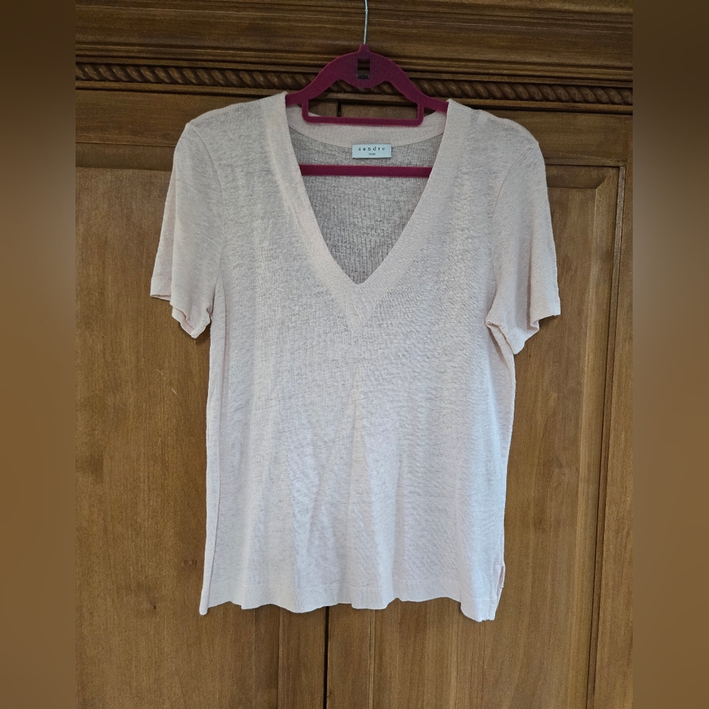 Sandro Light Pink Linen Ballet V-Neck Tee